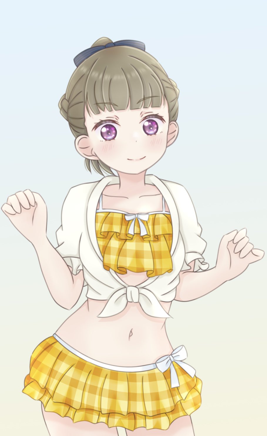 1girl, bikini, bikini_skirt, black_ribbon, blue_background, blush, braid, brown_hair