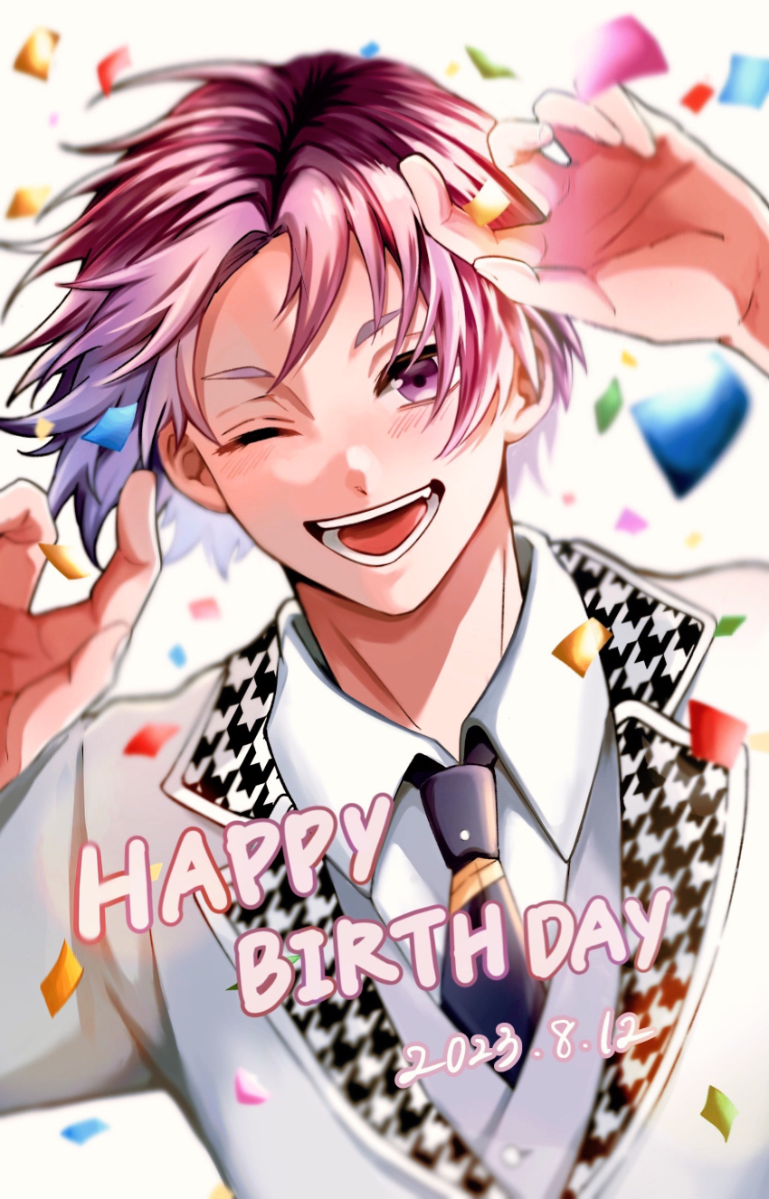 1boy, ;d, absurdres, birthday, blazer, blue_lock, commentary_request, dated, hands_up, happy, happy_birthday, highres, jacket, light_blush, looking_at_viewer, male_focus, mikage_reo, necktie, no.33, one_eye_closed, open_mouth, partial_commentary, purple_eyes, purple_hair, school_uniform, short_hair, smile, teeth, thick_eyebrows, upper_body