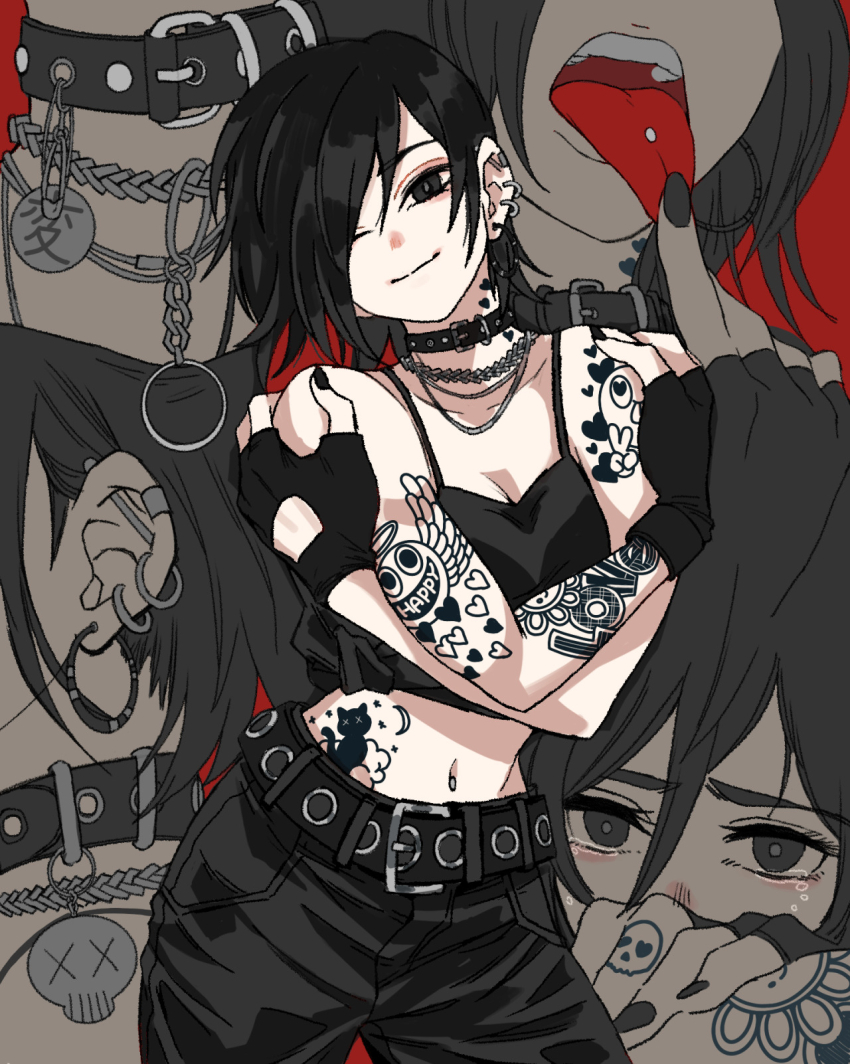 1girl, arm_tattoo, bare_shoulders, belt, belt_buckle, belt_collar, black_choker, black_eyes, black_hair, black_nails, black_pants, breasts, buckle, choker, cleavage, collar, cowboy_shot, crop_top, crossed_arms, crying, crying_with_eyes_open, ear_piercing, fingerless_gloves, fingernails, gloves, goth_fashion, hair_over_one_eye, hands_on_own_shoulders, heart, highres, jewelry, judy_(sushi_pizza_rrr), looking_at_viewer, medium_breasts, midriff, multiple_views, navel, necklace, open_mouth, original, pants, piercing, red_background, short_hair, simple_background, smile, sushi_pizza_rrr, tattoo, tears, teeth, tongue, tongue_out, tongue_piercing