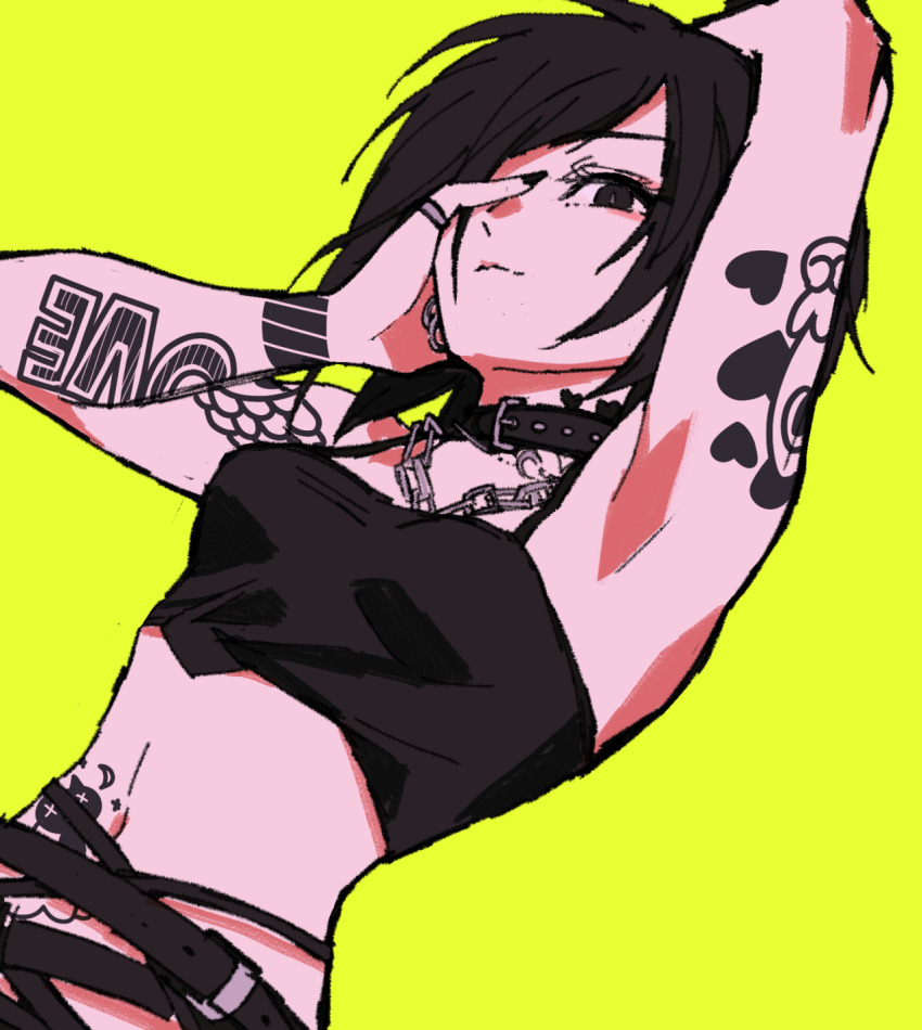 1girl, arm_above_head, arm_behind_head, arm_tattoo, arm_up, armpits, belt, belt_collar