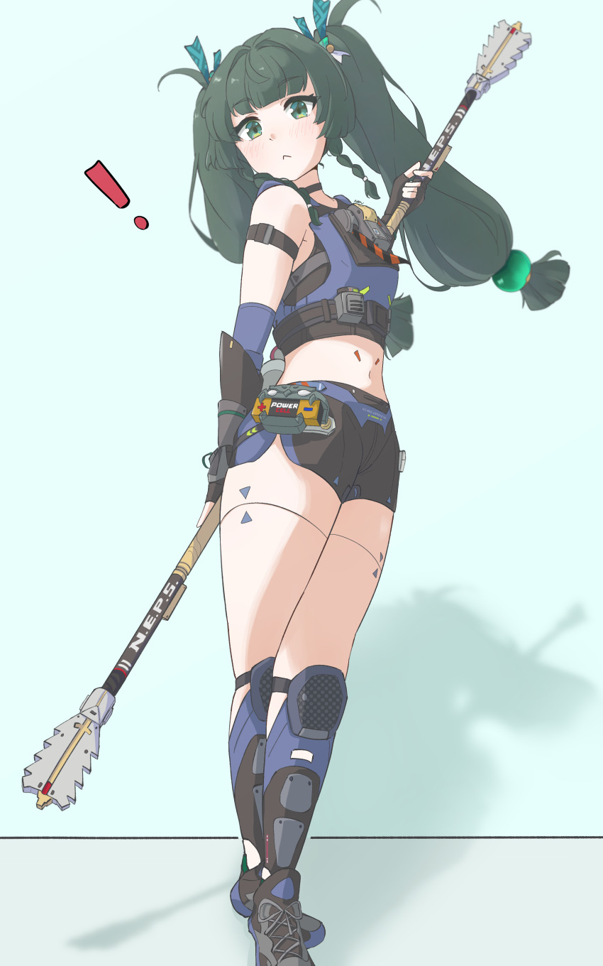 !, 1girl, :<, absurdres, android, battery, black_choker, black_footwear, black_gloves, black_shorts, braid, braided_sidelock, braided_sidelocks, choker, clothes_writing, commentary, english_commentary, fingerless_gloves, full_body, gloves, green_eyes, green_hair, hair_ornament, highres, holding, holding_staff, long_hair, looking_at_viewer, makuraapillow, midriff, navel, police, police_uniform, policewoman, qingyi_(zenless_zone_zero), robot_girl, shadow, shirt, shorts, side_braids, sidelocks, sleeveless, sleeveless_shirt, solo, sphere_hair_ornament, staff, twintails, zenless_zone_zero