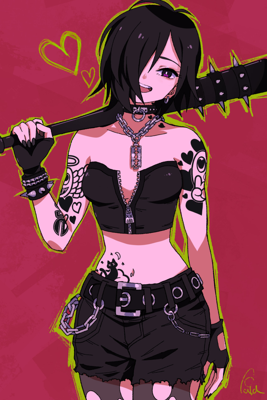 1girl, arm_at_side, arm_tattoo, bare_shoulders, baseball_bat, belt, belt_collar, black_belt