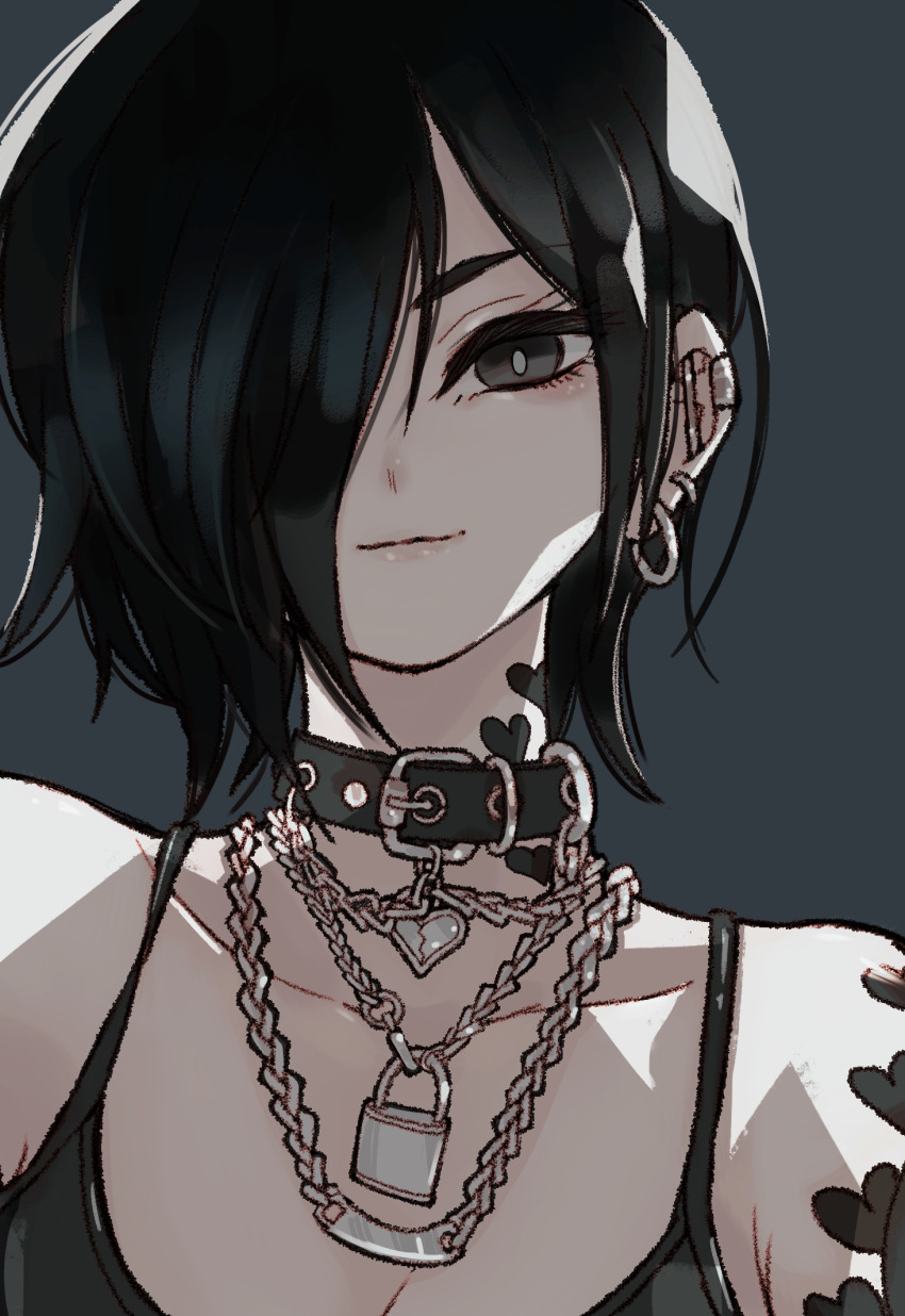 1girl, armpit_crease, barbell_piercing, bare_shoulders, belt_collar, black_choker, black_eyes, black_hair