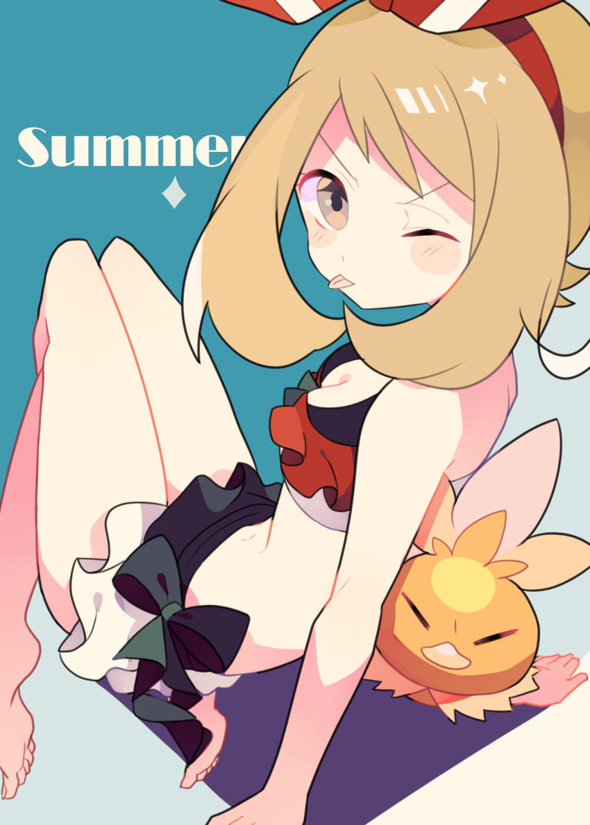 1girl, barefoot, blush_stickers, bow_hairband, breasts, brown_eyes, brown_hair, cleavage