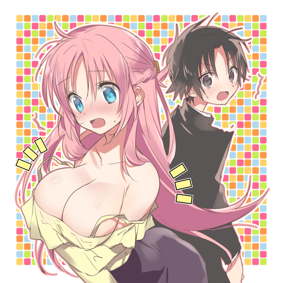 1boy, 1girl, bare_shoulders, black_eyes, black_hair, black_skirt, blue_eyes, blush