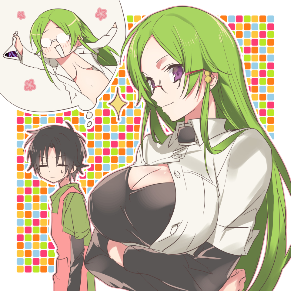 1boy, 1girl, apron, arms_under_breasts, black_hair, breasts, cleavage, closed_eyes