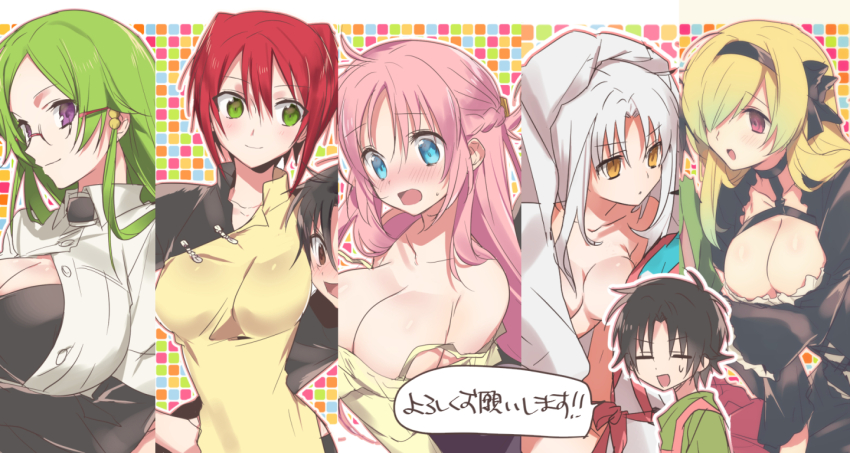 1boy, 5girls, bare_shoulders, black_dress, black_hairband, blonde_hair, blue_eyes, blush