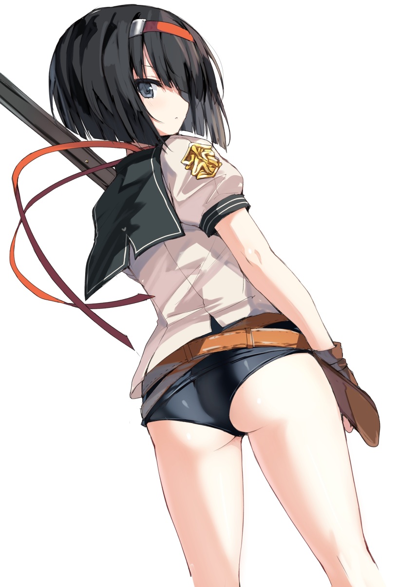 1girl, absurdres, ass, belt, black_eyes, black_hair, black_one-piece_swimsuit, black_sailor_collar