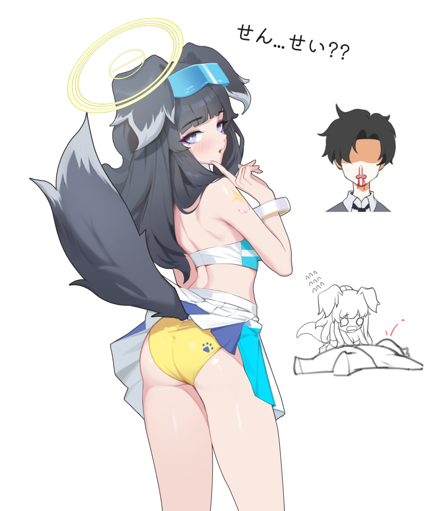 1boy, 1girl, absurdres, animal_ears, aroused_nosebleed, ass, bare_shoulders, black_hair, blood, blood_on_face, blue_archive, blue_eyes, blunt_bangs, blush, breasts, cheerleader, commentary_request, dog_ears, dog_girl, dog_tail, eyewear_on_head, from_behind, halo, hand_on_own_face, hibiki_(blue_archive), hibiki_(cheer_squad)_(blue_archive), highres, index_finger_raised, lifted_by_tail, long_hair, looking_at_viewer, looking_back, millennium_cheerleader_outfit_(blue_archive), nosebleed, official_alternate_costume, open_mouth, panties, paw_print, sensei_(blue_archive), sensei_(blue_archive_the_animation), simple_background, skirt, standing, sticker, sticker_on_arm, sticker_on_face, tail, tony_maverick, translation_request, underwear, white_background, white_skirt, yellow_halo, yellow_panties
