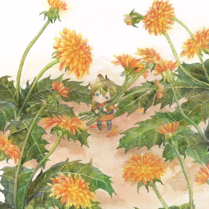 1boy, absurdres, bandana, blue_eyes, chibi, dandelion, flower, full_body