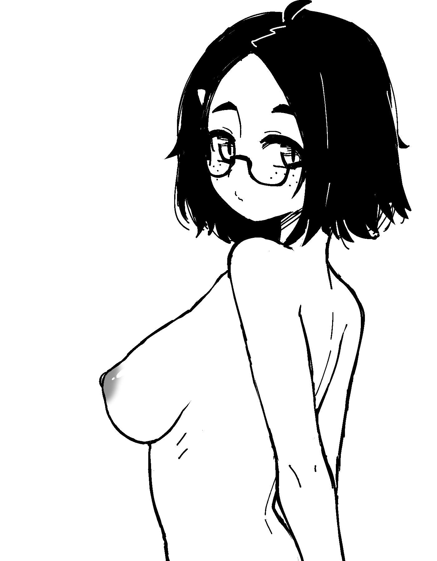 1girl, breasts, from_behind, glasses, highres, medium_breasts, monochrome, nancho