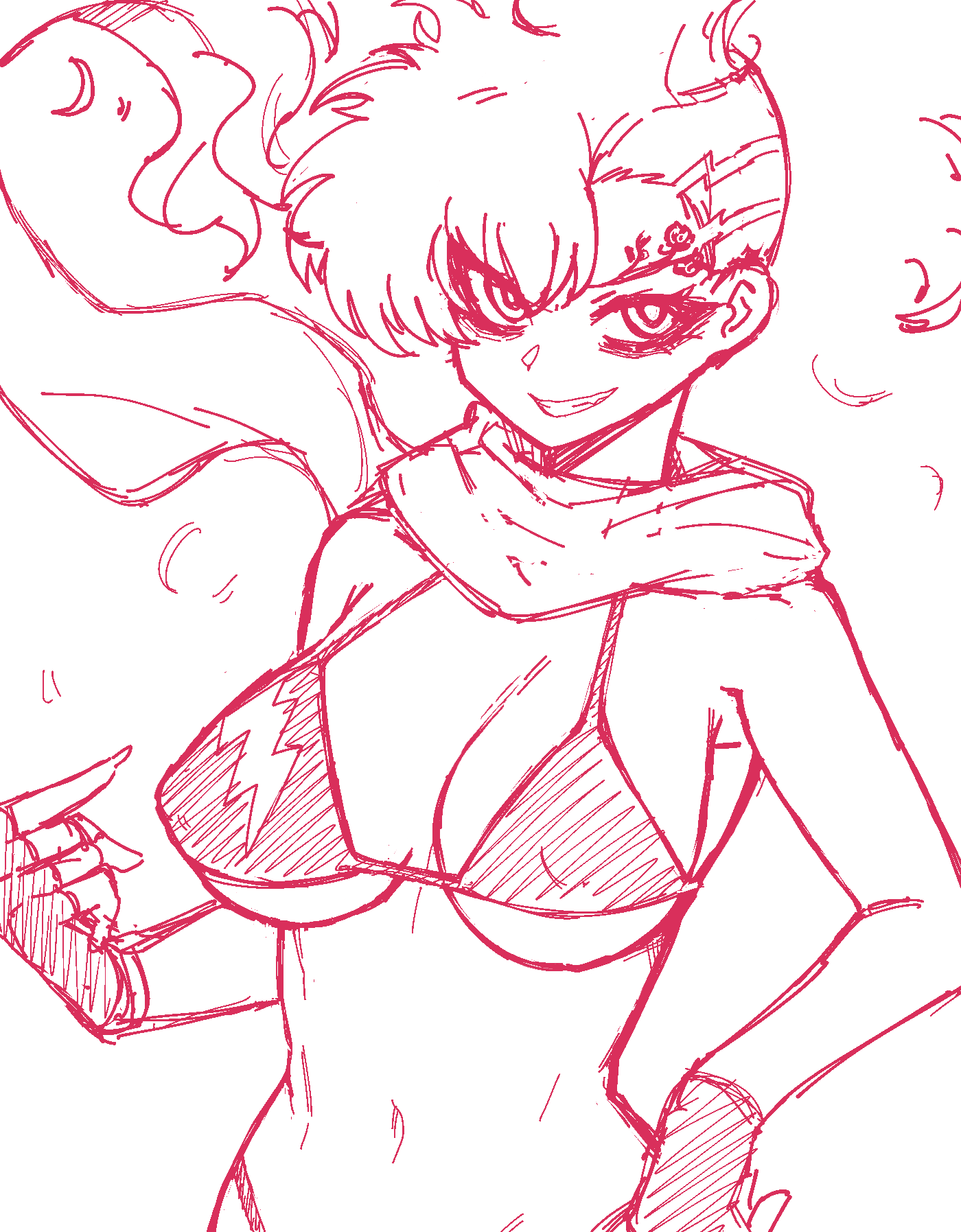 1girl, bikini, fingerless_gloves, gloves, grin, highres, ignite, nancho