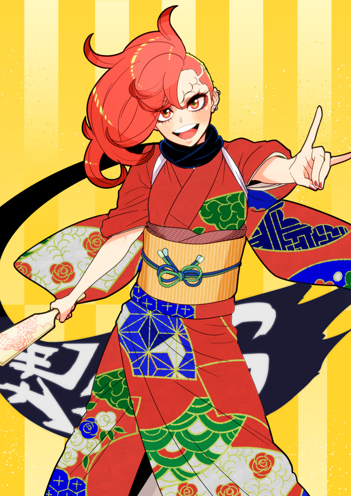 1girl, aihcnim, ear_piercing, fox_shadow_puppet, ignite, japanese_clothes, japanese_text, kimono