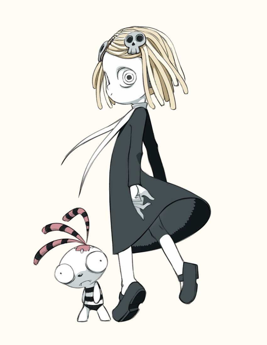 1boy, 1girl, black_dress, black_footwear, bleedman, blonde_hair, doll, dress, expressionless, fangs, floating, grey_background, hair_ornament, highres, lenore_lynchfast, lenore_the_cute_little_dead_girl, long_sleeves, looking_at_viewer, pale_skin, ragamuffin, shoes, short_hair, skull, skull_hair_ornament, zombie
