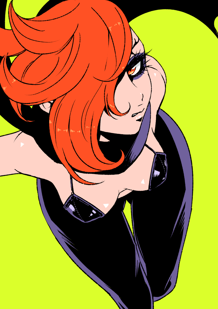 1girl, aihcnim, bare_shoulders, bodysuit, ignite, ninja_slayer, one_eye_covered, orange_hair