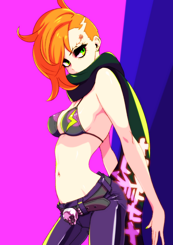 aihcnim, belt, bikini_top, denim, ear_piercing, fingernail_polish, from_side, ignite