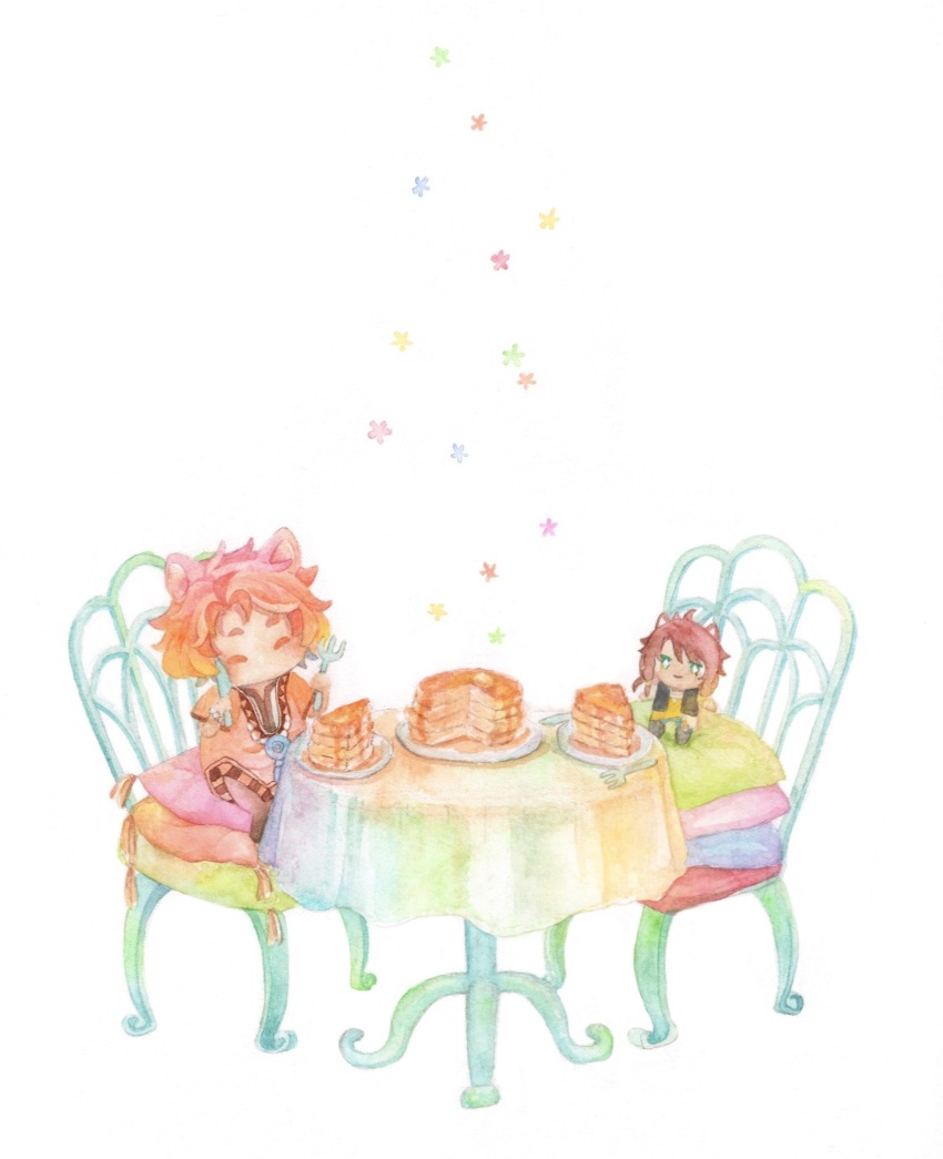 1boy, absurdres, animal_ears, chair, character_doll, cheka_kingscholar, chibi, child, doll, food, full_body, highres, kirakira_huuuki, leona_kingscholar, lion_boy, lion_ears, male_focus, orange_hair, painting_(medium), pancake, pancake_stack, pillow, short_hair, simple_background, sitting, solo, table, traditional_media, twisted_wonderland, watercolor_(medium), white_background