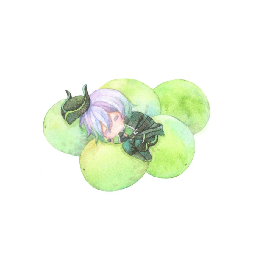 1boy, chibi, food, fruit, full_body, grapes, grey_hair, hat