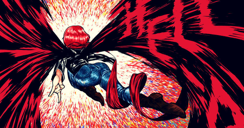 1girl, alias_dictus, ass, blaze_(ninja_slayer), bob_cut, boots, denim, english_text