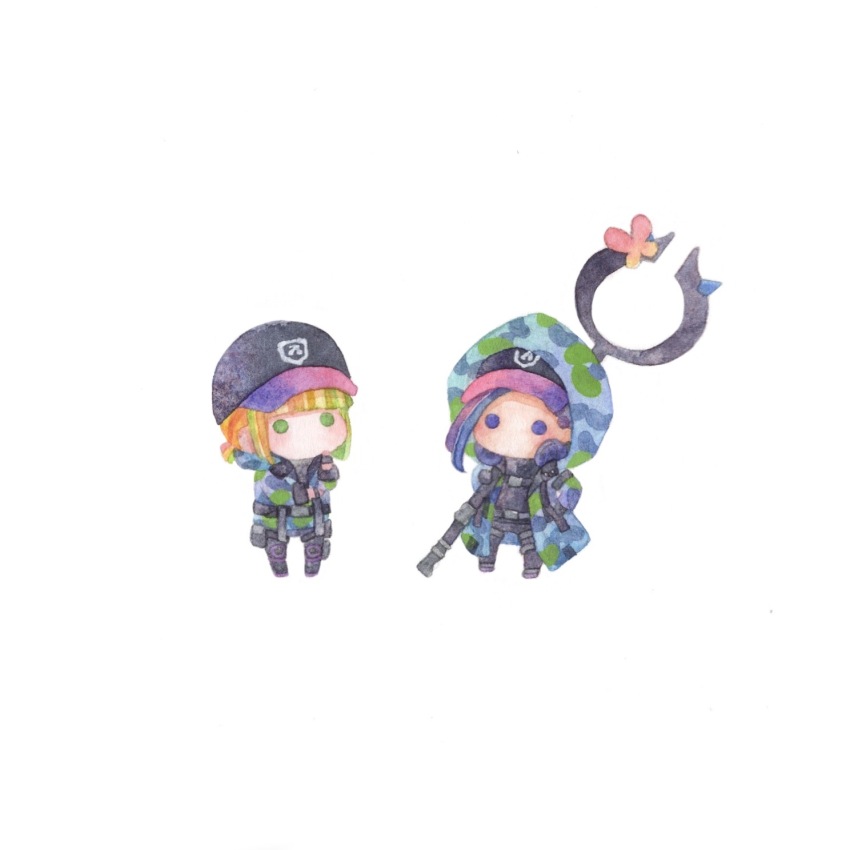 2boys, baseball_cap, beanfest_(twisted_wonderland), blonde_hair, camouflage, camouflage_jacket, chibi, full_body, green_eyes, hat, highres, jacket, jamil_viper, jamil_viper_(beans_camo), kirakira_huuuki, male_focus, multiple_boys, painting_(medium), purple_eyes, purple_hair, rook_hunt, rook_hunt_(beans_camo), short_hair, simple_background, traditional_media, twisted_wonderland, watercolor_(medium), white_background