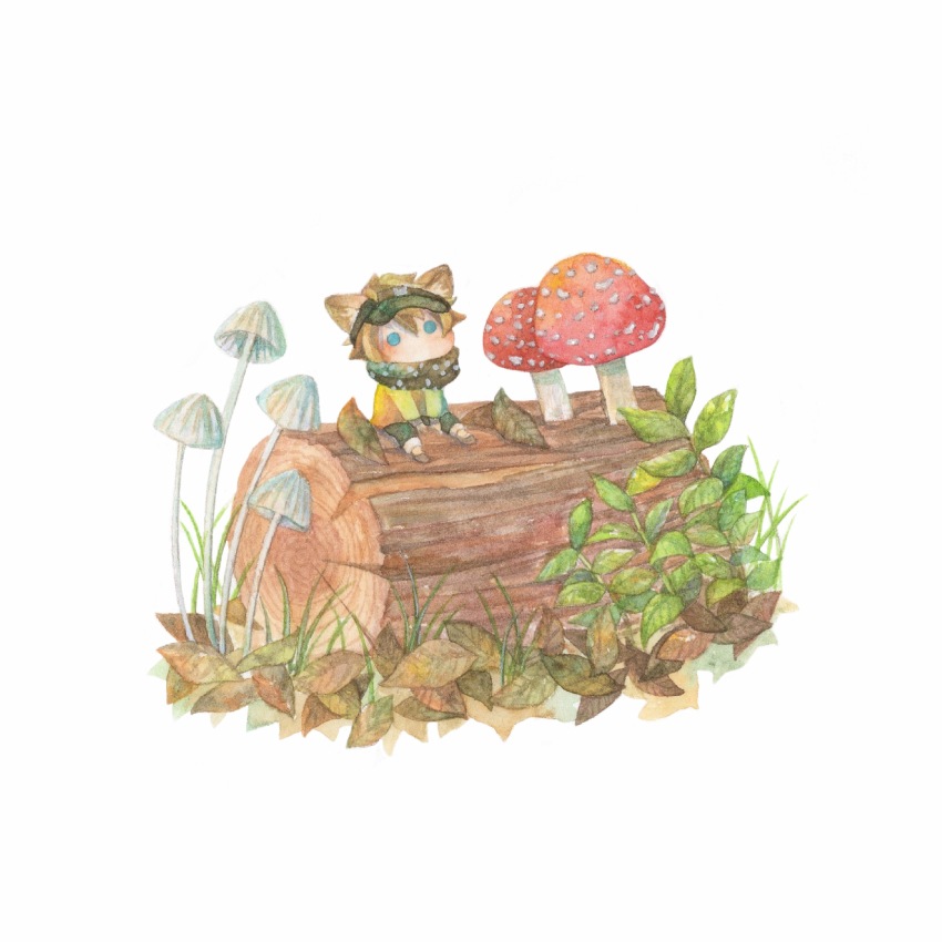 1boy, absurdres, blue_eyes, brown_hair, chibi, full_body, highres, hyena_boy