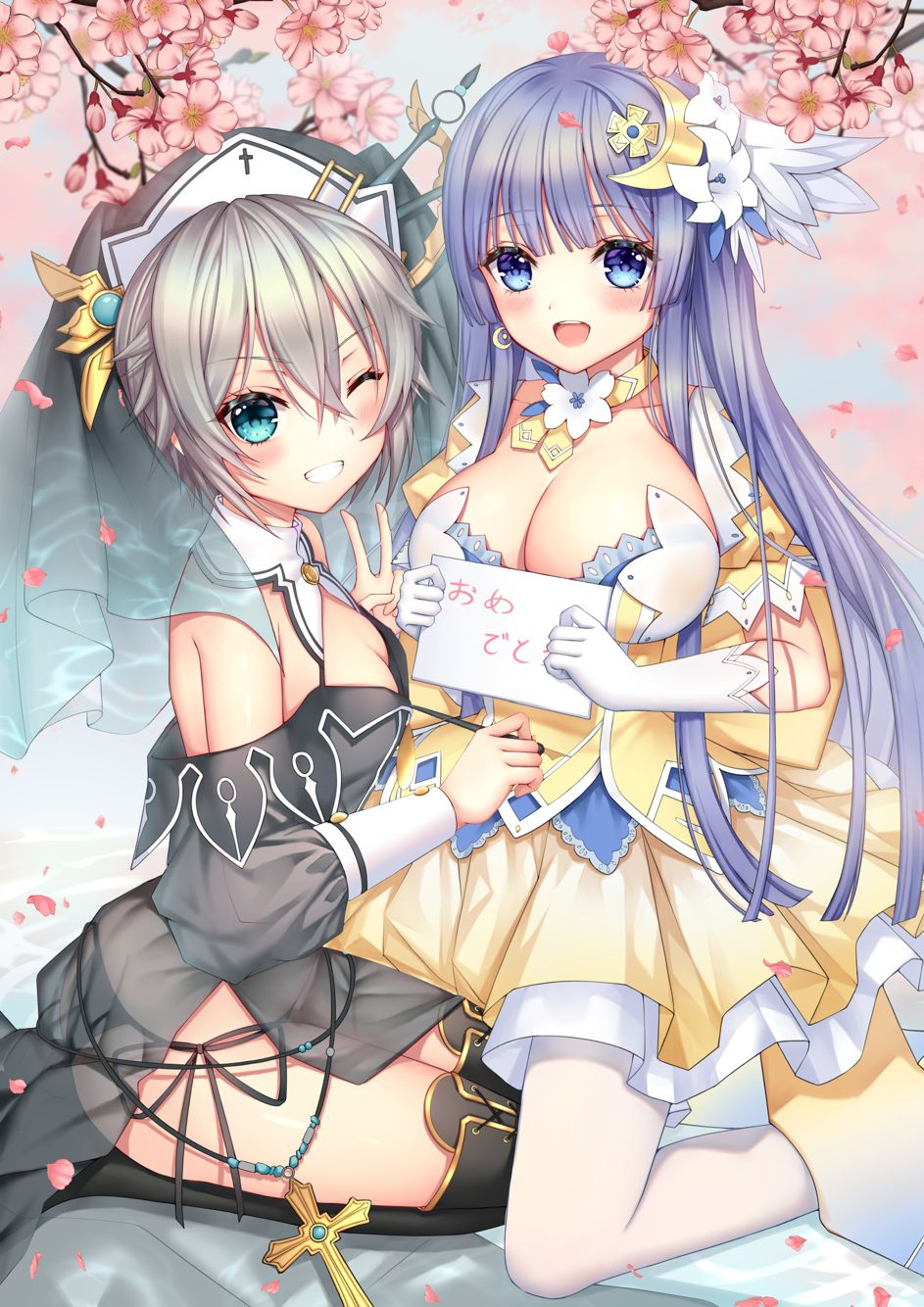 2girls, bare_shoulders, black_panties, blue_eyes, blue_hair, breast_envy, breasts, cherry_blossoms