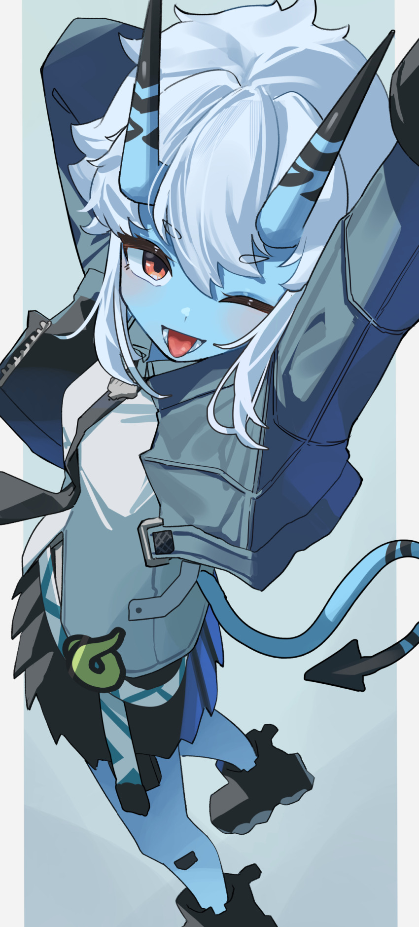 1girl, 3xens, ;d, absurdres, arm_behind_head, arm_up, black_footwear, black_necktie