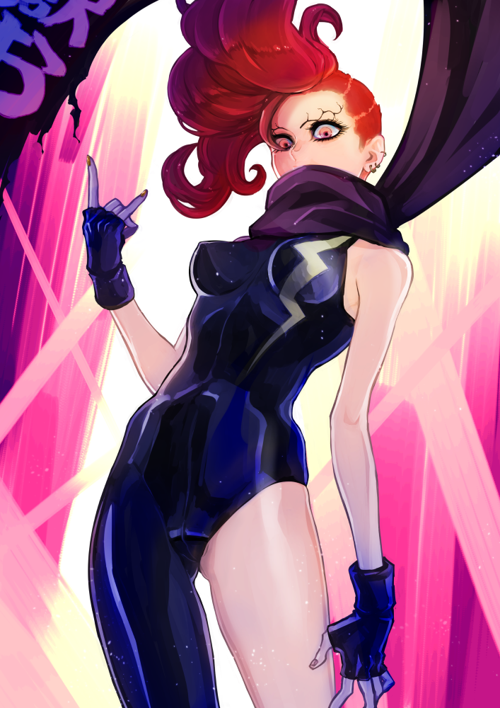 1girl, aihcnim, bodysuit, breasts, ear_piercing, fingerless_gloves, gloves, ignite