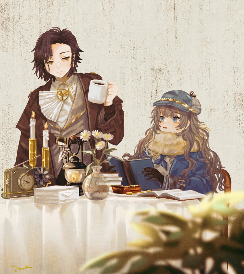 2girls, :o, absurdres, ascot, blue_coat, blue_eyes, blue_flower, blurry