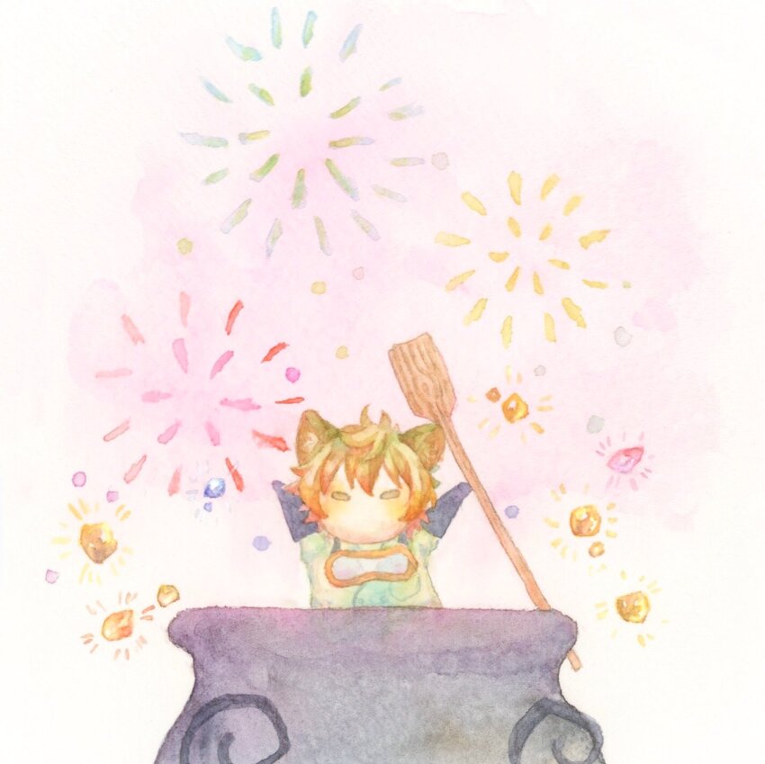 1boy, arms_up, brown_hair, cauldron, fireworks, goggles, goggles_around_neck, highres