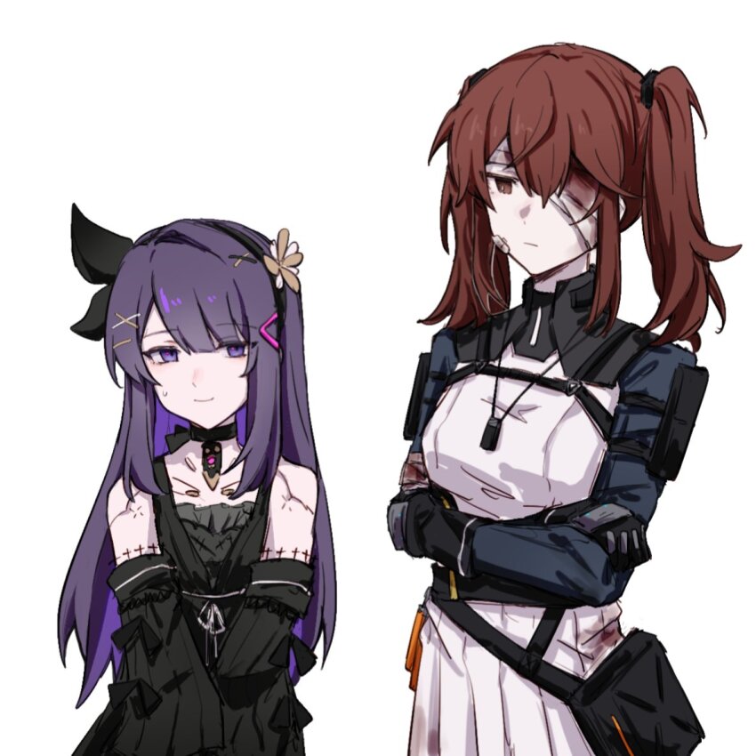 1boy, 1girl, asymmetrical_bangs, bandage_over_one_eye, bandages, bare_shoulders, beizhi, black_bow