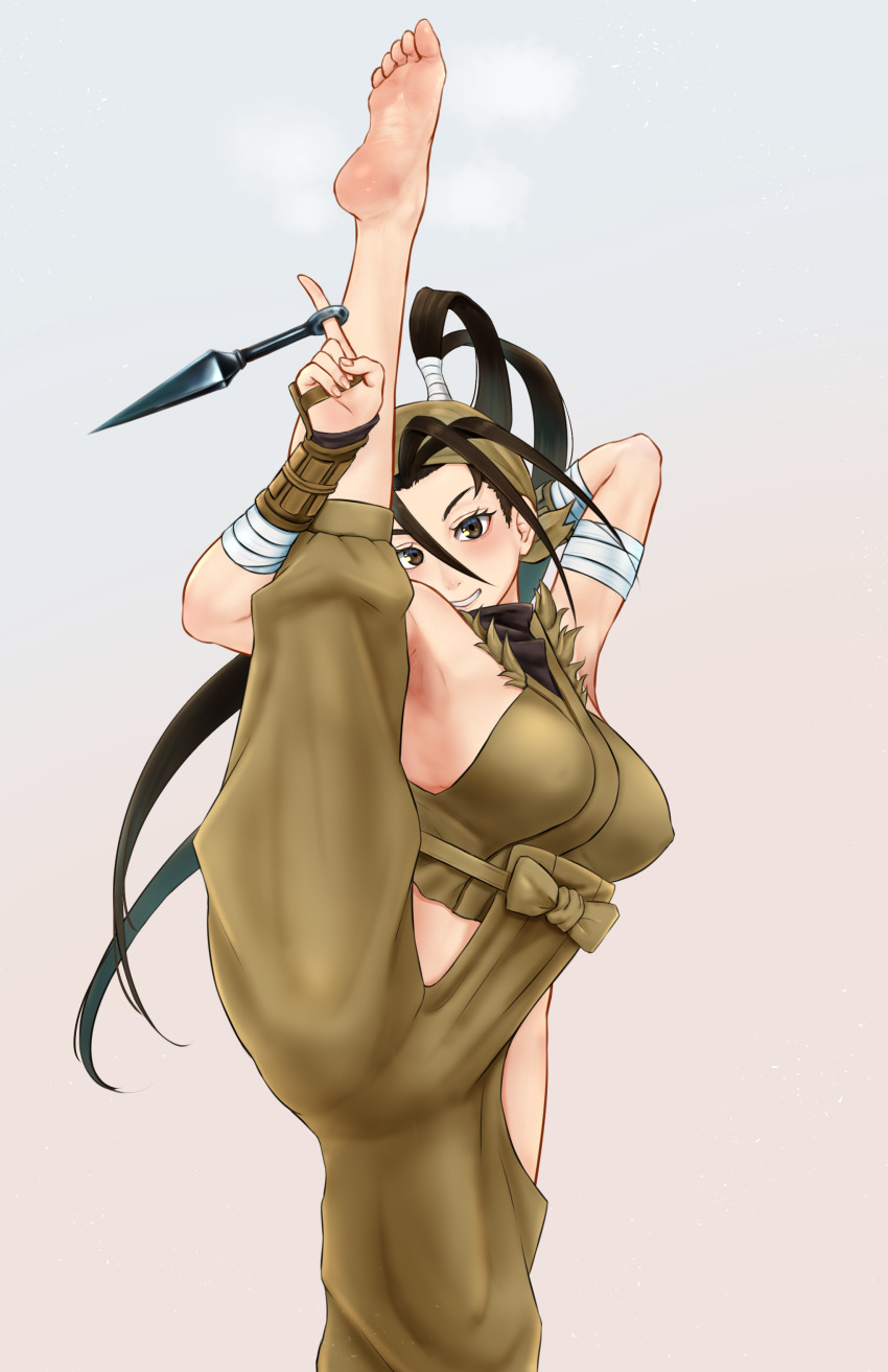 1girl, absurdres, barefoot, black_eyes, black_hair, feet, grin, high_ponytail, highres, ibuki_(street_fighter), kunai, leg_up, light_blush, long_hair, looking_at_viewer, ninja, ponytail, smile, soles, steam, street_fighter, toes, wangxiang_qingnian, weapon