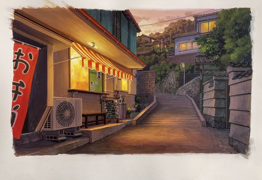 aichi_prefecture, awning, bench, commentary, condenser_unit, english_commentary, flower, highres, mixed-language_commentary, nishikawa_youichi, no_humans, original, outdoors, painting_(medium), plant, potted_plant, power_lines, propane_tank, scenery, traditional_media, traffic_mirror, utility_pole, window