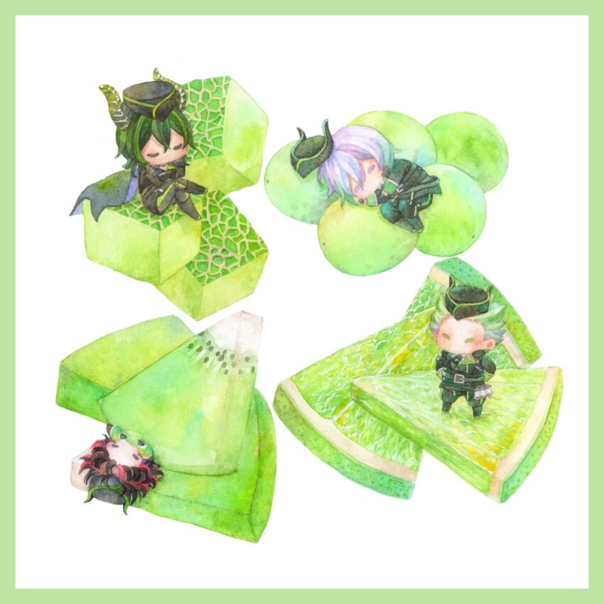 4boys, black_hair, border, cantaloupe, cape, chibi, dragon_boy, dragon_horns