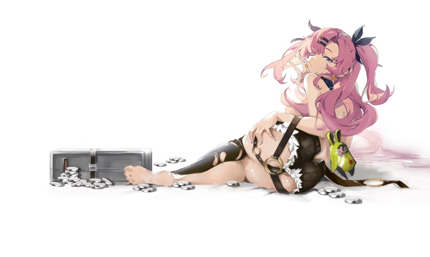 1girl, absurdres, ass, barefoot, feet, green_eyes, hand_on_own_ass, highres, long_hair, looking_at_viewer, lying, nicole_demara, on_side, one_eye_closed, pink_hair, shiki4012, soles, toes, twintails, v, wink, zenless_zone_zero