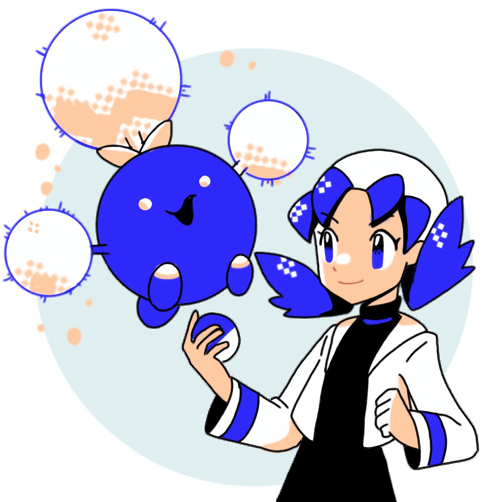 blue_eyes, blue_hair, gen_2_pokemon, hanecco_(arumican_orange), holding, holding_poke_ball, jumpluff, kris_(pokemon)