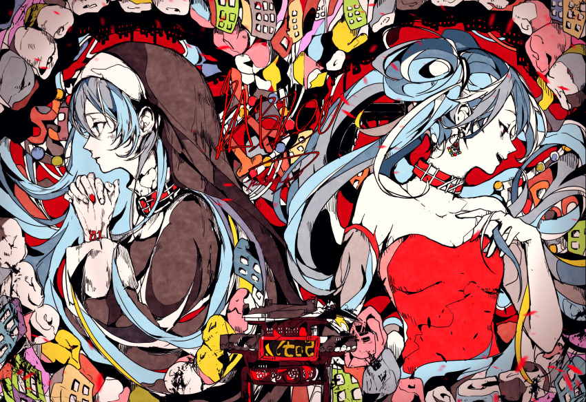 2girls, 3kuma, aqua_eyes, aqua_hair, babylon_(vocaloid), bare_shoulders, black_dress, blue_hair