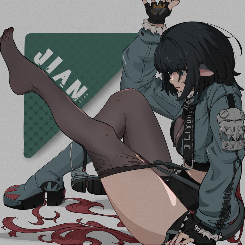 1girl, animal_ears, black_hair, boots, feet, green_eyes, highres, jane_doe_(zenless_zone_zero), liyo_(oldalone1), long_hair, multicolored_hair, see-through_clothes, see-through_legwear, shoes, thighhighs, toes, two-tone_hair, unworn_boots, unworn_shoes, very_long_hair, zenless_zone_zero