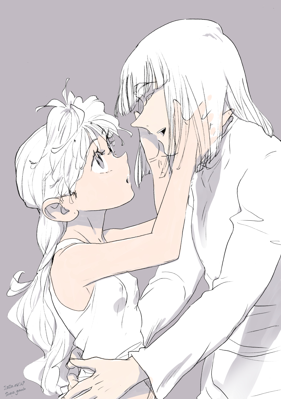 1boy, 1girl, breasts, contemporary, covered_erect_nipples, dated, grey_background, grey_eyes, hands_on_another's_face, hetero, highres, lina_inverse, long_sleeves, looking_at_another, slayers, small_breasts, waz_pon_2, white_hair, xelloss