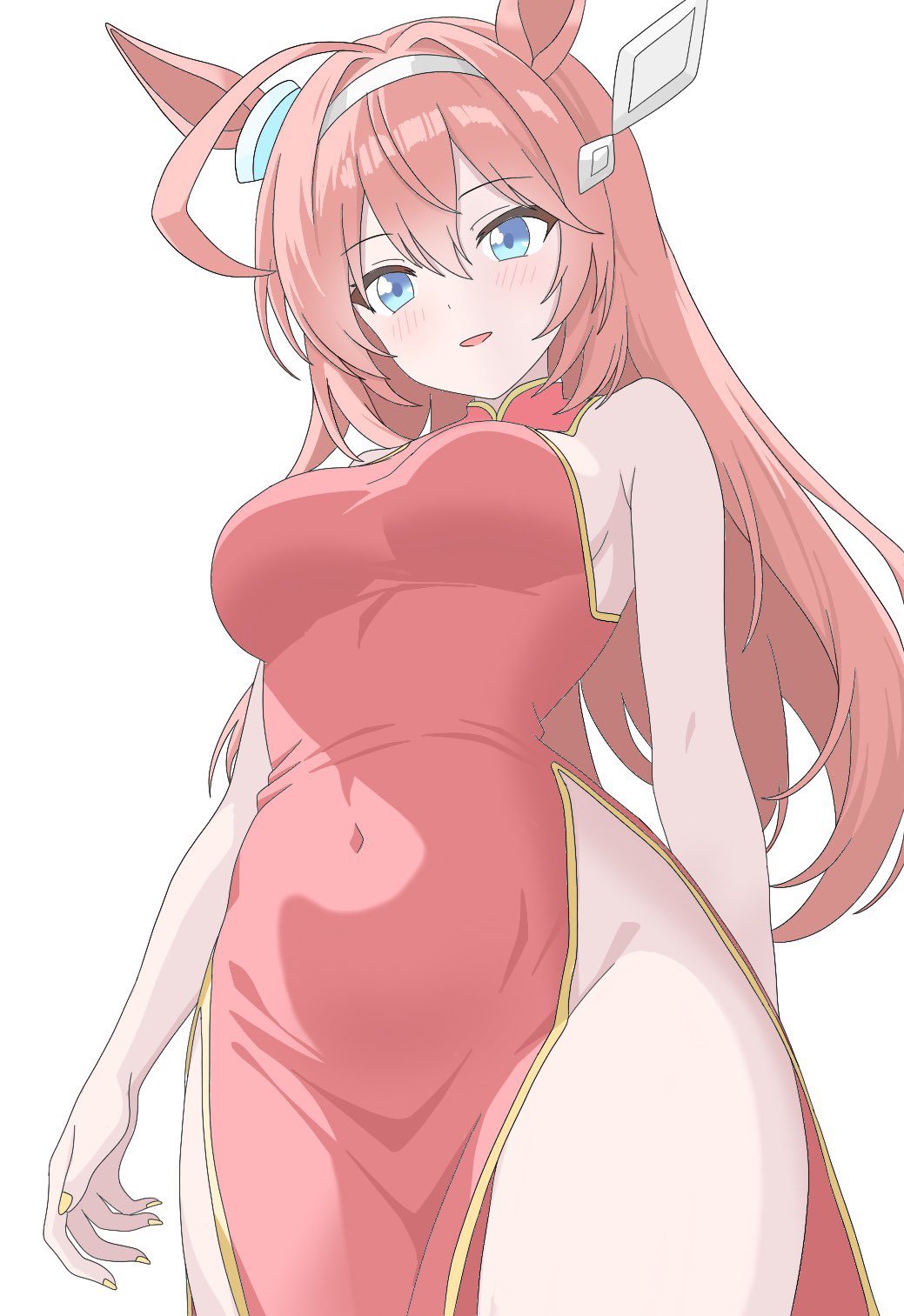 1girl, ahoge, alternate_costume, animal_ears, blue_eyes, blush, breasts, brown_hair