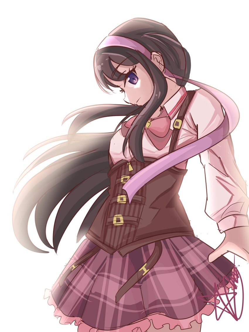 1girl, absurdres, assault_lily, belt, belt_buckle, black_hair, bow, bowtie