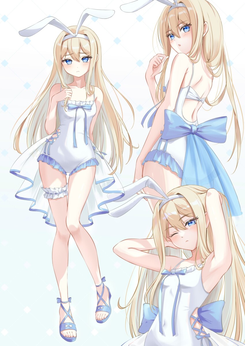 1girl, adjusting_hair, alice_(alice_in_wonderland), animal_ears, ankle_ribbon, back, bare_arms, blonde_hair, blue_eyes, blue_footwear, collarbone, commentary_request, covered_navel, fake_animal_ears, frilled_one-piece_swimsuit, frilled_thigh_strap, frills, full_body, hairband, highres, leg_ribbon, looking_at_viewer, multiple_views, navel, omo_omochi_zzz, one-piece_swimsuit, original, rabbit_ears, ribbon, sandals, shoulder_blades, standing, stomach, straight_hair, swimsuit, thigh_gap, thigh_strap, white_hairband, white_one-piece_swimsuit