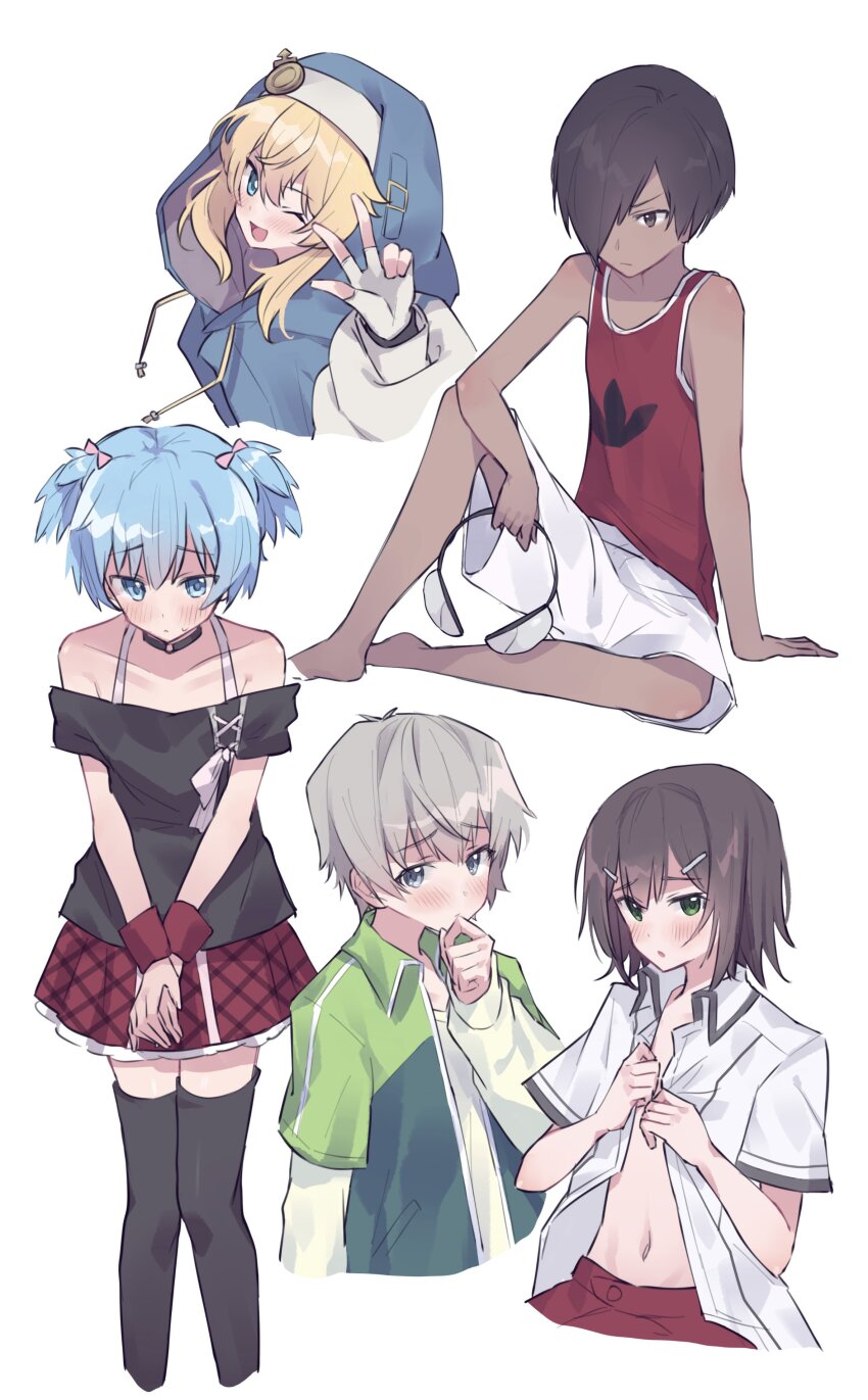 5boys, absurdres, ansatsu_kyoushitsu, baka_to_test_to_shoukanjuu, barefoot, black_hair, blue_eyes, blue_hair, blush, bridget_(guilty_gear), brown_eyes, brown_hair, crossdressing, crossdressing_(mtf), dark-skinned_male, dark_skin, green_eyes, grey_hair, guilty_gear, guilty_gear_strive, gym_uniform, hair_ornament, hair_over_one_eye, highres, ikezawa_kazuma, jacket, kinoshita_hideyoshi, looking_at_viewer, male_focus, multiple_boys, open_mouth, oshioganen, school_uniform, shiota_nagisa, shirt, short_hair, short_twintails, shorts, simple_background, sitting, skirt, smile, summer_wars, tan, tank_top, tanline, thighhighs, totsuka_saika, trap, twintails, yahari_ore_no_seishun_lovecome_wa_machigatteiru.