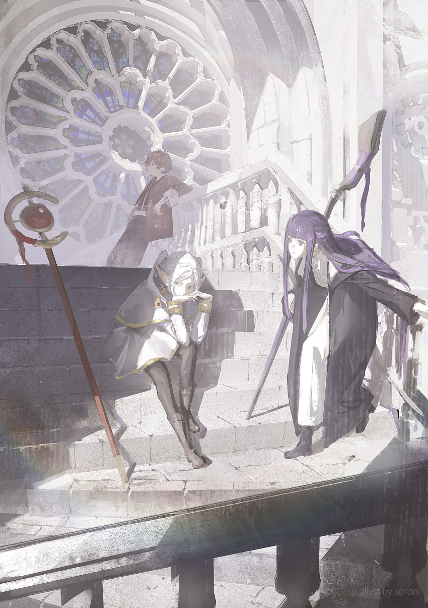 1boy, 2girls, absurdres, arch, architecture, artist_name, baluster, black_coat