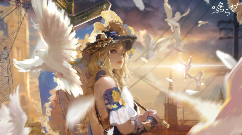 1girl, absurdres, bare_shoulders, bird, black_hat, blonde_hair, blue_eyes, breasts