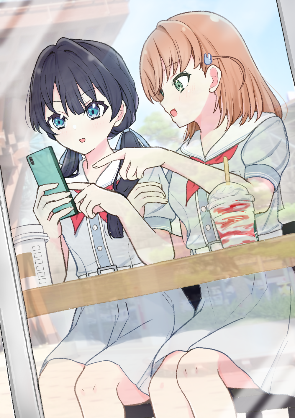 2girls, :d, aqua_eyes, blue_dress, blue_eyes, blue_hair, blue_ribbon, breast_pocket