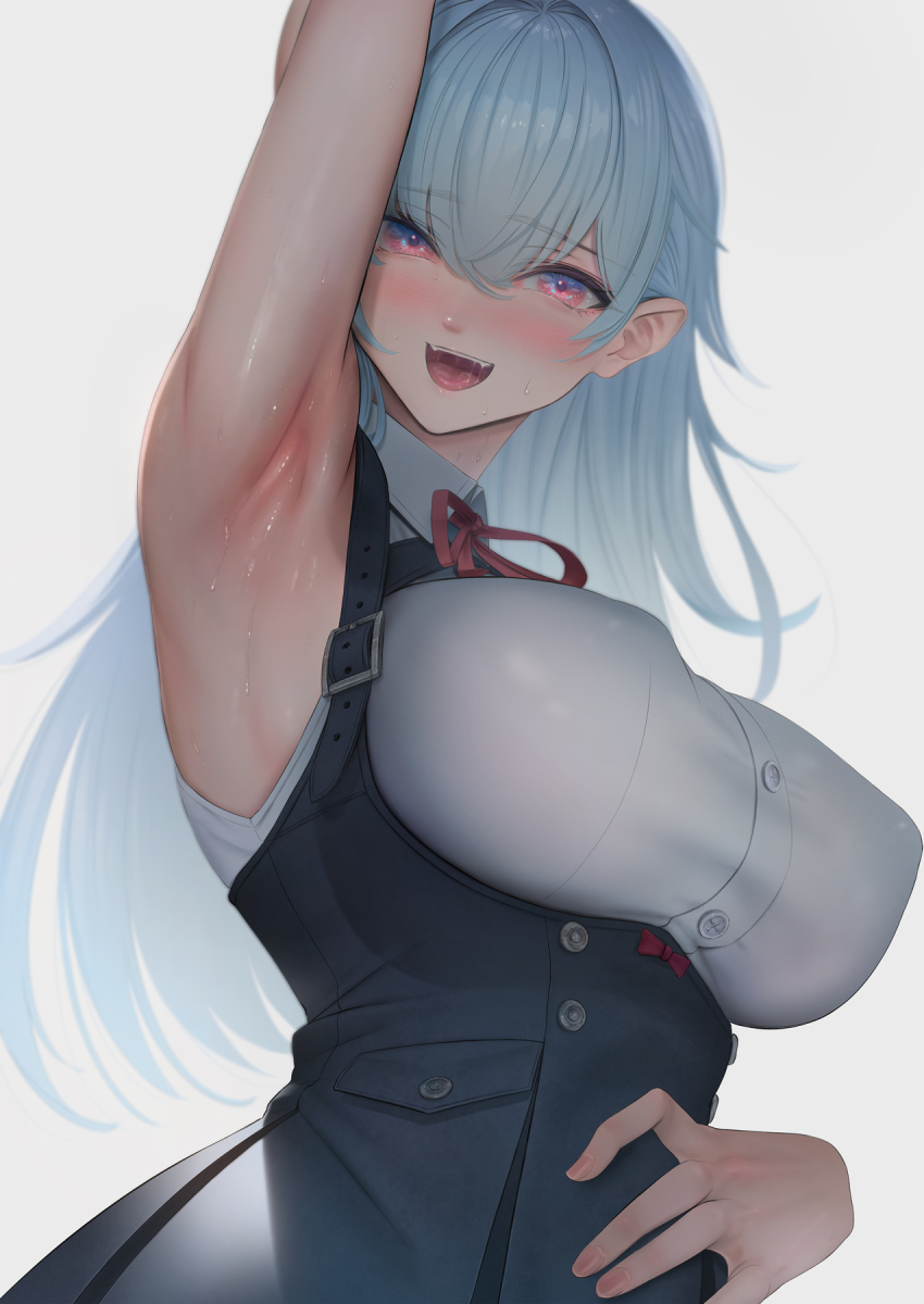 1girl, arm_up, armpits, bellflower, blush, bow, breasts, chinese_bellflower, commentary_request, flower, hair_between_eyes, highres, imizu_(nitro_unknown), kikyo_(vrchat), large_breasts, long_hair, looking_at_viewer, open_mouth, pink_eyes, purple_hair, shiny_skin, sleeveless, smile, solo, sweat, sweatdrop, upper_body, vrchat, white_background