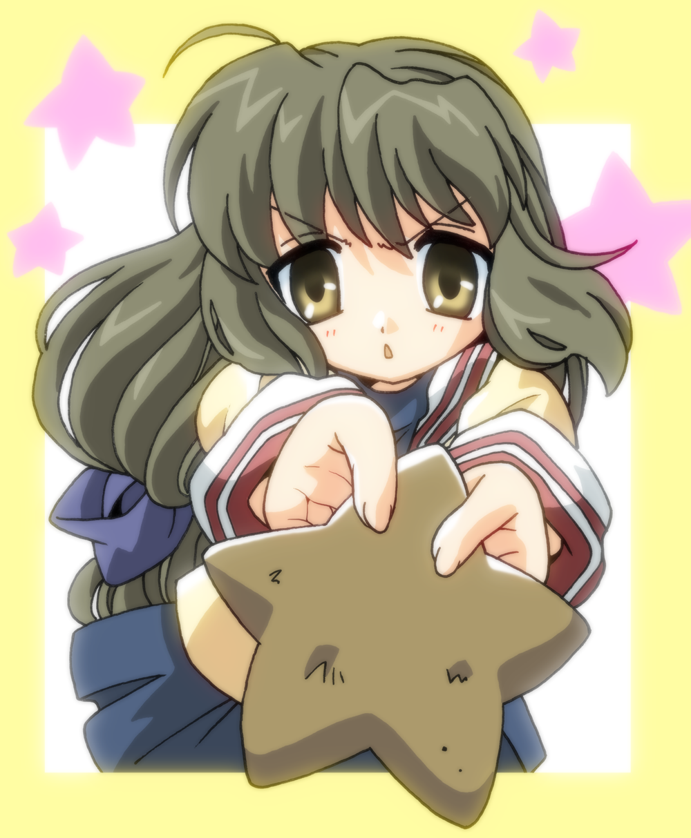 00s, 1girl, brown_eyes, brown_hair, clannad, female_focus, foreshortening, giving