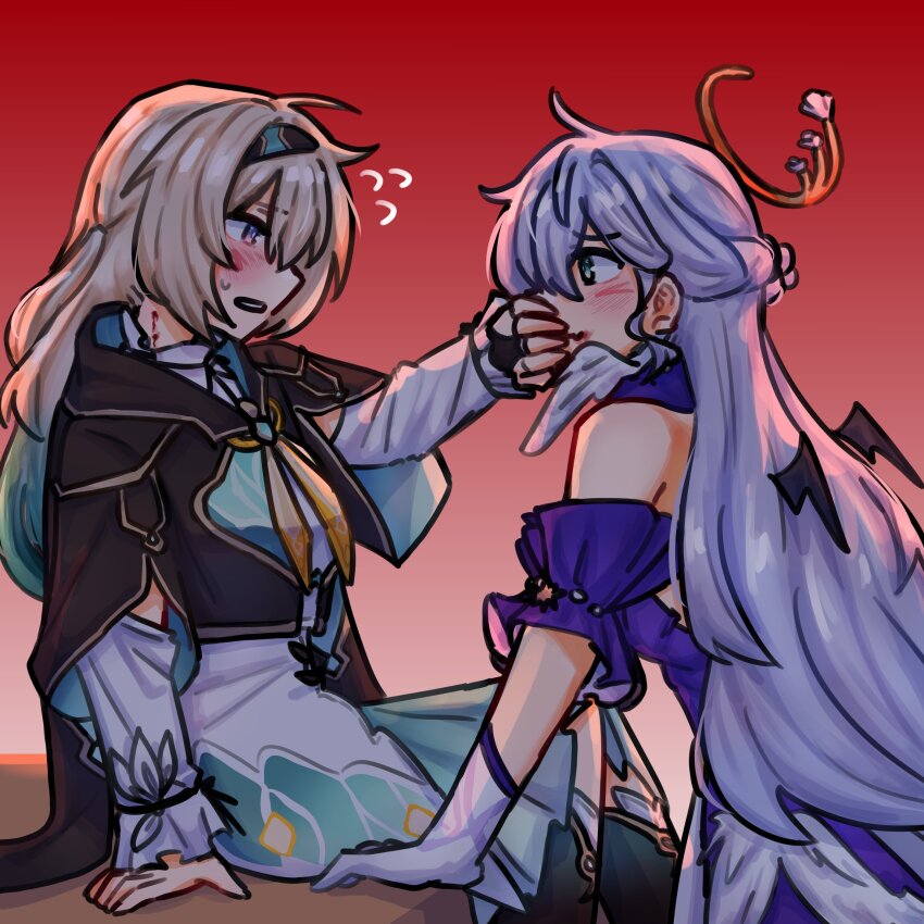 2girls, absurdres, akai_(atcually), bite_mark, bite_mark_on_neck, black_hairband, black_jacket, blood, blood_on_neck, blush, commentary, covering_another's_mouth, dress, english_commentary, firefly_(honkai:_star_rail), flying_sweatdrops, gloves, gradient_hair, grey_hair, hairband, half_updo, halo, head_wings, highres, honkai:_star_rail, honkai_(series), jacket, long_hair, looking_at_another, multicolored_hair, multiple_girls, parted_lips, purple_dress, purple_hair, red_background, robin_(honkai:_star_rail), shirt, skirt, vampire, white_gloves, white_shirt, white_skirt, wings, yuri