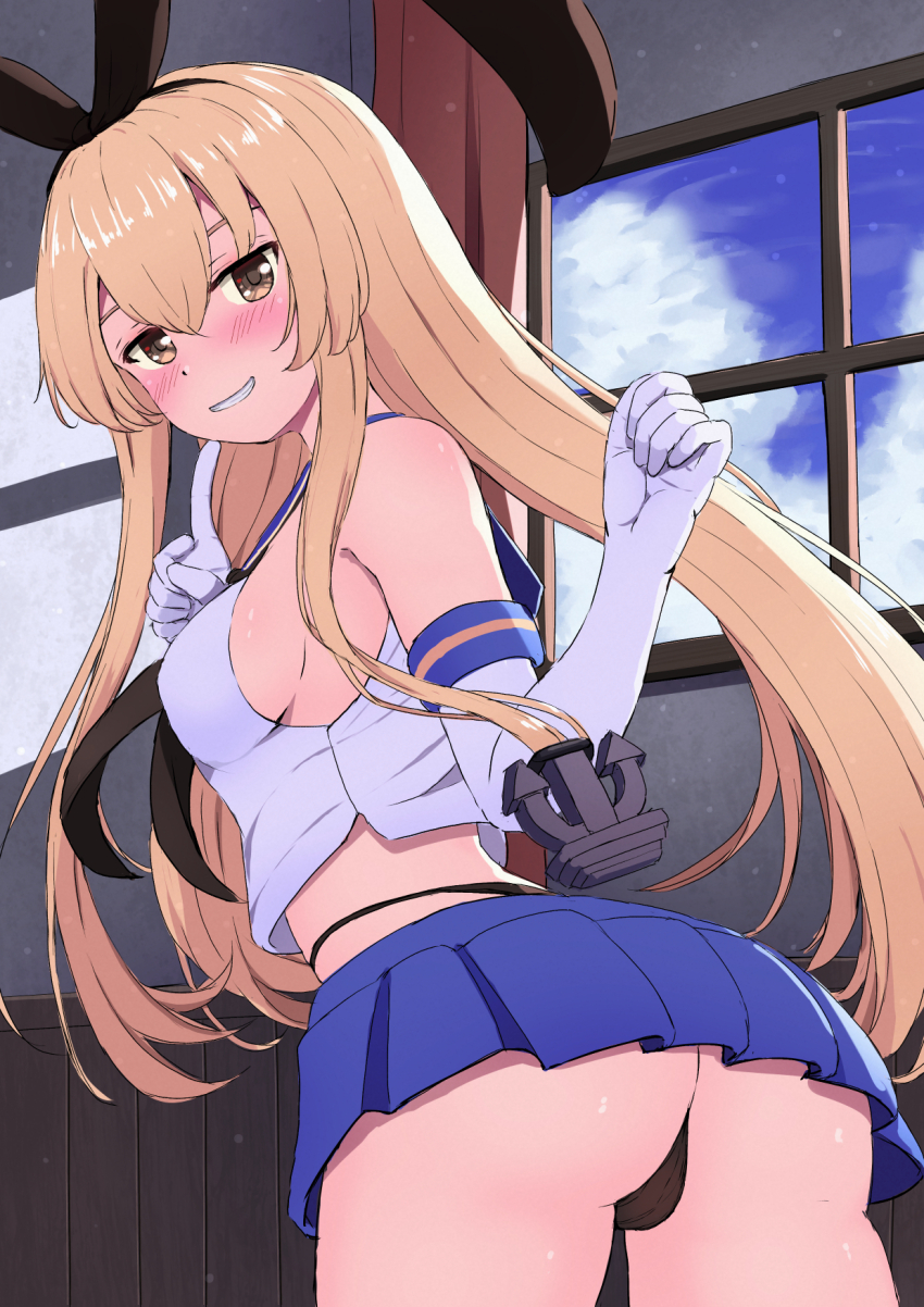 1girl, ass, black_hairband, black_neckerchief, black_panties, blonde_hair, blue_sailor_collar, blue_skirt